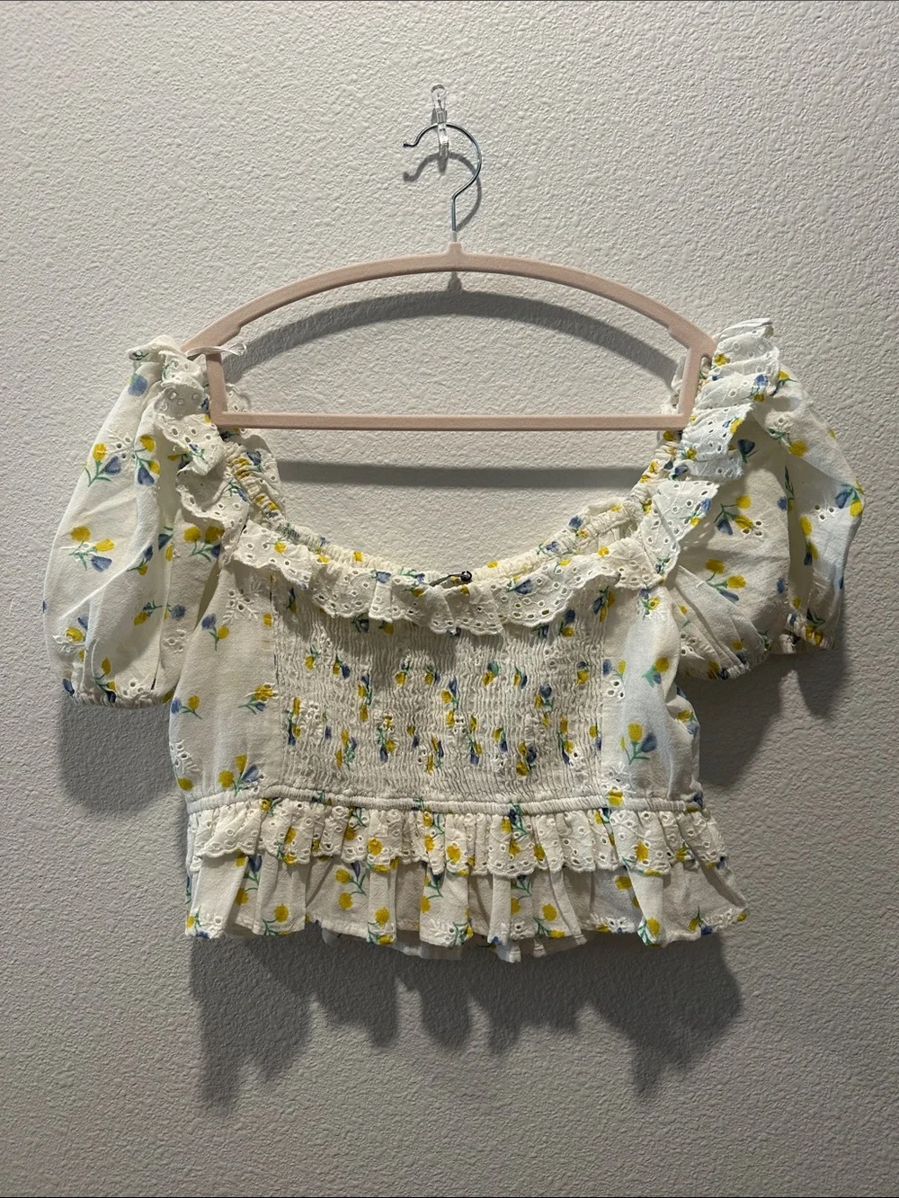 NWT-ZARA Cream Eyelet Lemon-Print Peasant Blouse